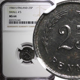 FINLAND Iron 1943 S  25 Penniä Small "4"  WWII  NGC MS64 TOP GRADED KM# 25b (9)