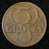 POLAND Bronze 1937 W 5 Groszy Y# 10a (28 083)