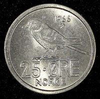 NORWAY Olav V Copper-Nickel 1966 25 Øre KM# 407 (27 394)
