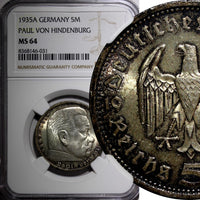 Germany-Third Reich Silver 1935 A 5 Reichsmark NGC MS64 Hindenburg KM# 86 (031)