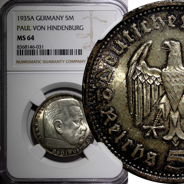 Germany-Third Reich Silver 1935 A 5 Reichsmark NGC MS64 Hindenburg KM# 86 (031)