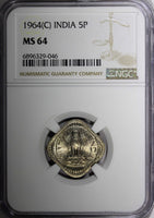 India-Republic 1964 (C) 5 Naye Paise Ashoka Lion Calcutta NGC MS64 KM# 17 (046)