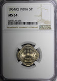 India-Republic 1964 (C) 5 Naye Paise Ashoka Lion Calcutta NGC MS64 KM# 17 (046)