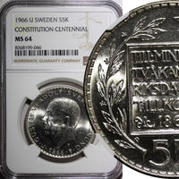 SWEDEN Silver 1966 U 5 Kronor NGC MS64 Constitution Reform 1 YEAR KM# 839 (046)