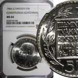 SWEDEN Silver 1966 U 5 Kronor NGC MS64 Constitution Reform 1 YEAR KM# 839 (046)