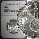 Germany-Third Reich Silver 1939 A 2 Reichs Mark NGC MS61 Hindenburg KM# 93 (024)