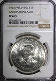 Philippines Silver 1963 Peso Andrés Bonifacio 38mm NGC MS63 KM# 193 (014)