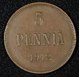Finland Nicholas II Copper 1912 5 Pennia KM# 15  (28 718)