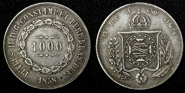 BRAZIL Pedro II Silver 1858 1000 Reis Mintage-430.000 Rio de Janeiro KM# 465 (9)