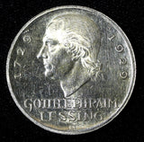Germany-Weimar Silver 1929 G 3 Reichsmark Gotthold Lessing aUNC Flashy KM# 60(9)