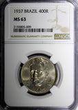 BRAZIL Oswaldo Cruz Copper-Nickel 1937 400 Reis NGC MS63 KM# 539 (009)