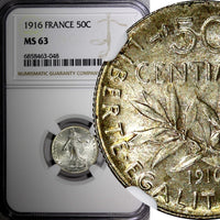 FRANCE Silver 1916 50 Centimes NGC MS63 KM# 854 (048)