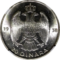 YUGOSLAVIA Petar II Silver 1938 20 Dinara NGC MS62 1 Year Type KM# 23 (034)