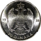 YUGOSLAVIA Petar II Silver 1938 20 Dinara NGC MS62 1 Year Type KM# 23 (034)