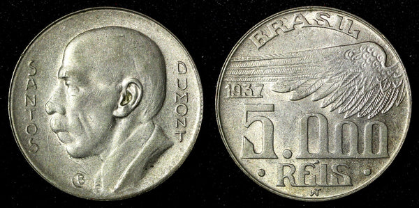 BRAZIL Silver 1937  5000 Reis Santos Dumont Mint-414.000 Toned KM# 543 (27 502)