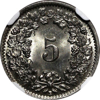 SWITZERLAND Nickel 1937 5 Rappen NGC MS66 GEM BU  Toned KM# 26b (035)