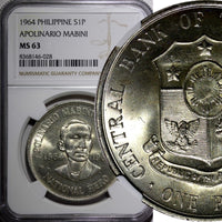 Philippines Silver 1964 Peso NGC MS63 Birth of Apolinario Mabini 38mm KM# 194(8)