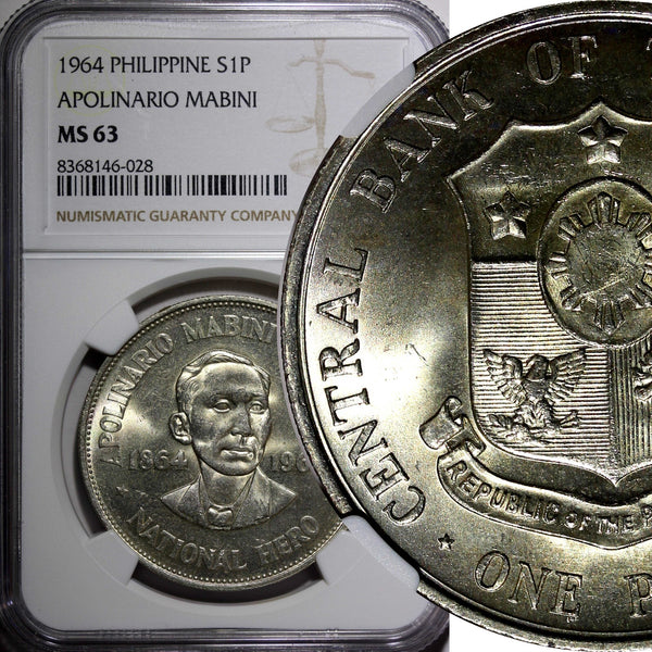 Philippines Silver 1964 Peso NGC MS63 Birth of Apolinario Mabini 38mm KM# 194(8)