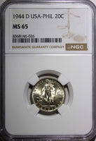 Philippines Silver 1944 D 20 Centavos NGC MS65 Nice GEM BU  KM#182 (026)
