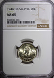 Philippines Silver 1944 D 20 Centavos NGC MS65 Nice GEM BU  KM#182 (026)