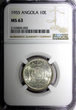 ANGOLA Portuguese Colony Silver 1955 10 Escudos NGC MS63 KM# 73 (002)