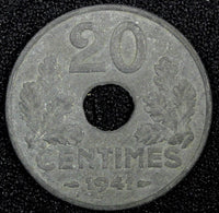 FRANCE  Vichy French State Zinc 1941 20 Centimes WWII Issue 24.5mm KM# 900.1 (1)