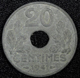 FRANCE  Vichy French State Zinc 1941 20 Centimes WWII Issue 24.5mm KM# 900.1 (1)