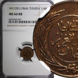 Tunisia TUNIS Copper AH1281 (1864) 1/4 Kharub NGC MS66 RB TOP GRADED KM# 153 (7)