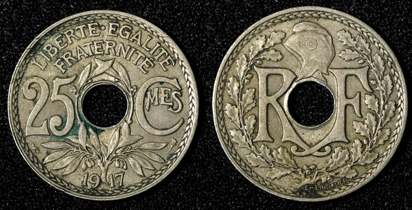 FRANCE Copper-Nickel 1917 25 Centimes No Dash Toned KM# 867a (28 112)