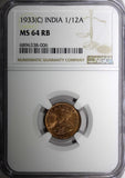 India-British George V Bronze 1933 (C) 1/12 Anna NGC MS64 RB KM# 509 (006)