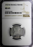 FRANCE Aluminum 1957 1 Franc NGC MS65 Only One Coin Graded High KM# 885a.2 (002)