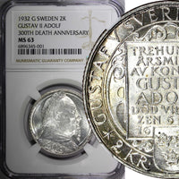 SWEDEN Silver 1932 G 2 Kronor NGC MS63 Death of Gustaf II Adolf BU KM# 805 (001)