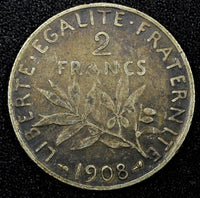 FRANCE Silver 1908 2 Francs Paris Mint 27mm Toned KM# 845.1 (25 555)