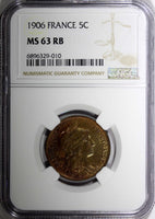 FRANCE Bronze 1906 5 Centimes NGC MS63 RB Nice Toned KM# 842 (010)