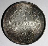 France Silver 1850 A 5 Francs Paris Mint aUNC Nice Toned 37mm KM# 761.1 (868)