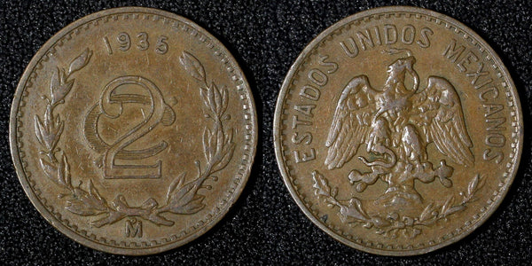 MEXICO  Bronze 1935 Mo 2 Centavos 	SCARCE DATE  KM# 419 (27 889)