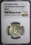 BRAZIL Silver 1932 2000 Reis NGC MS62 400th Anniversary of Colonization KM532(5)