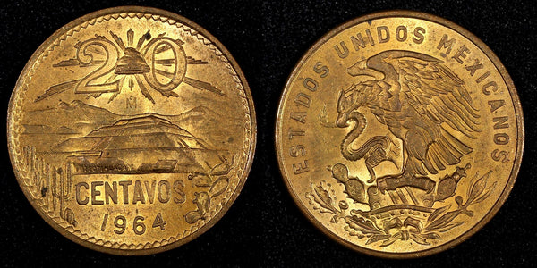 MEXICO  Bronze 1964 Mo 20 Centavos Red Toned UNC  KM# 440 (27 370)
