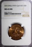 QATAR Bronze 1393 (1973) 10 Dirhams NGC MS65 RB GEM BU KM# 1 (17)