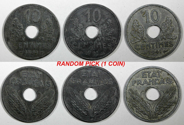 FRANCE Zinc 1941 10 Centimes WWII Issue XF+ KM# 898 RANDOM PICK (1 Coin) (938)