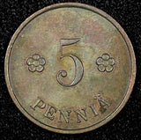 FINLAND Copper 1930 5 Penniä CHOICE UNC Toned KM# 22 (24 010)