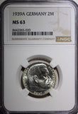 GERMANY-Third Reich Silver 1939 A 2 Reichs Mark NGC MS63 Hindenburg KM# 93 (20)