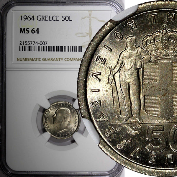 Greece Paul I Copper-Nickel 1964 50 Lepta NGC MS64 Toned KM# 80 (007)