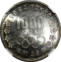 JAPAN Silver S39 1964 1000 Yen Olympics, Tokyo NGC MS67 Nice Toned Y# 80 (18)