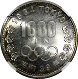JAPAN Silver S39 1964 1000 Yen Olympics, Tokyo NGC MS67 Nice Toned Y# 80 (18)