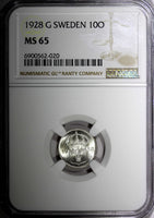 Sweden Gustaf V Silver 1928 G 10 Ore NGC MS65 GEM BU KM# 780 (020)