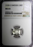 Sweden Gustaf V Silver 1928 G 10 Ore NGC MS65 GEM BU KM# 780 (020)