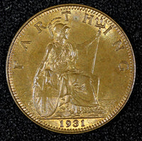 Great Britain George V Bronze 1931 Farthing UNC KM# 825 (27 982)