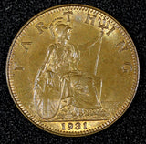 Great Britain George V Bronze 1931 Farthing UNC KM# 825 (27 982)