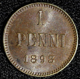 Finland Alexander III Copper 1893 1 Penni UNC KM# 10 (28 223)
